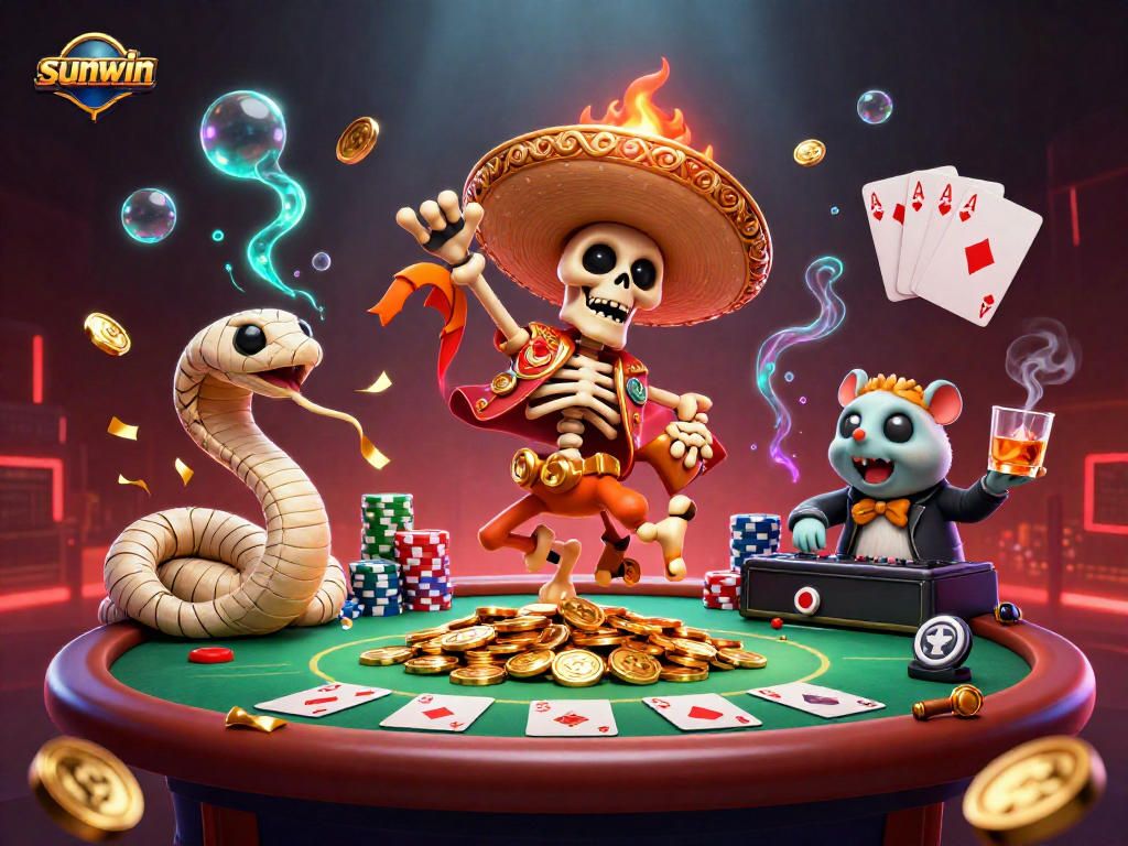Experience the excitement of sunwin with a vibrant casino celebration scene featuring charismatic characters.
