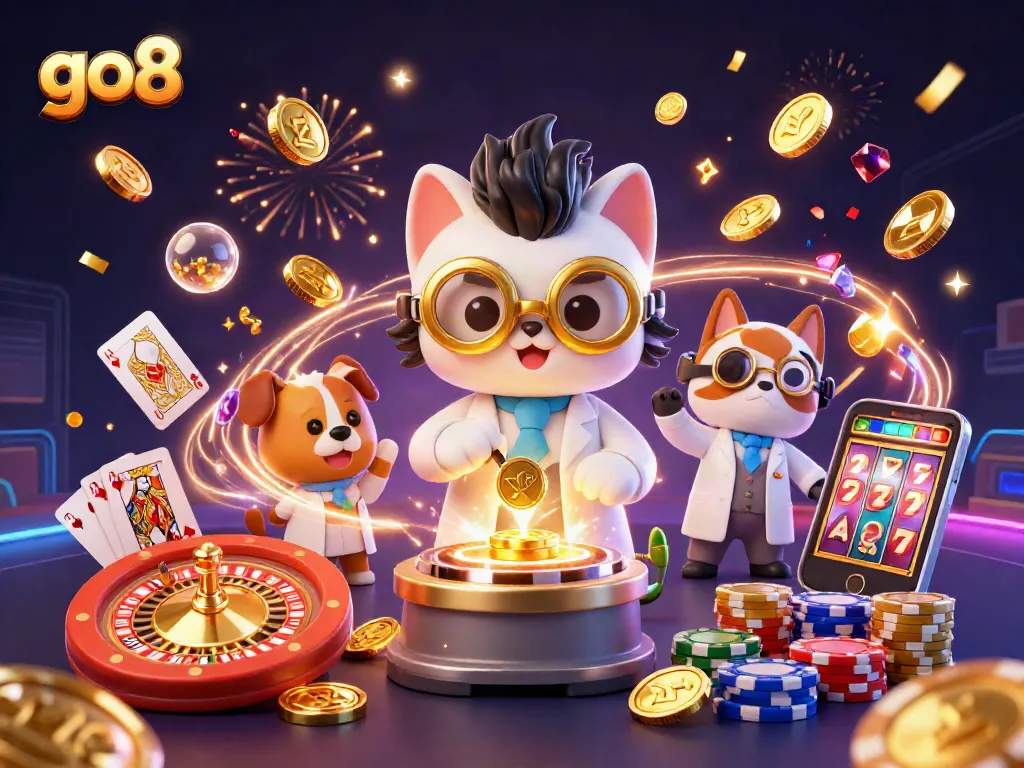 Celebrate with go8 as the cartoon mad scientist cat creates a coin-replication machine amidst casino elements.