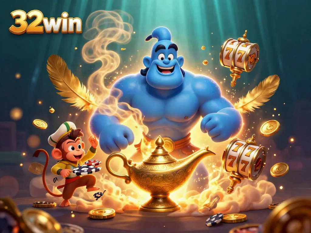 Experience the magic of 32win with a genie and poker chips in a vibrant casino scene