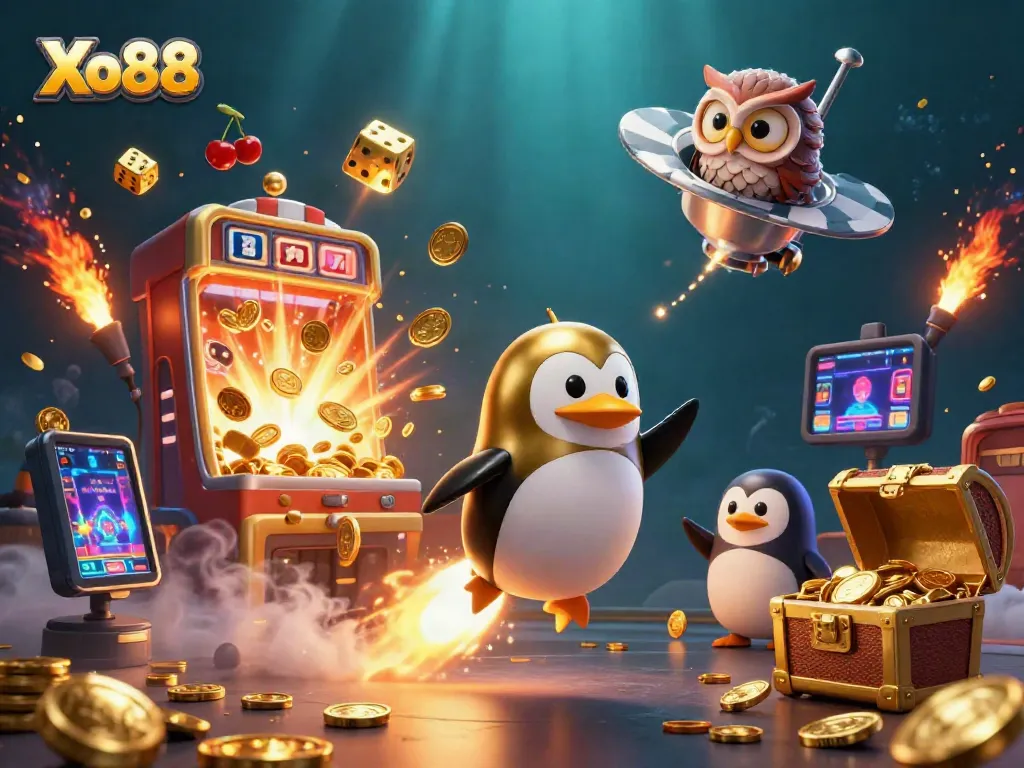 Experience the thrilling Xo88 gaming adventure with a golden penguin flying through a jackpot explosion scene.