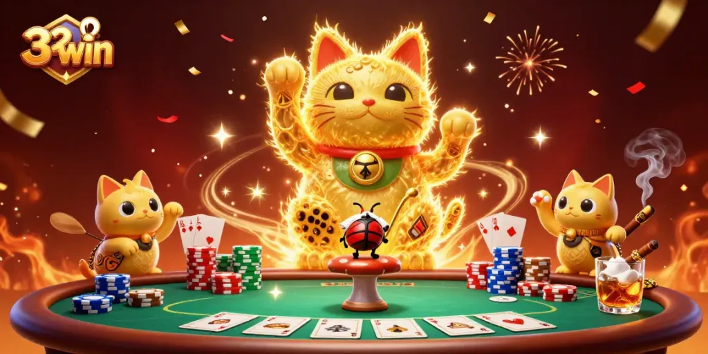 Experience the excitement of 32win with a dynamic casino scene featuring a lucky cat.