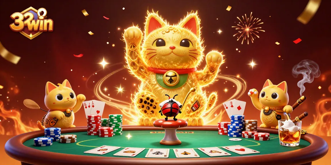 Experience the excitement of 32win with a dynamic casino scene featuring a lucky cat.