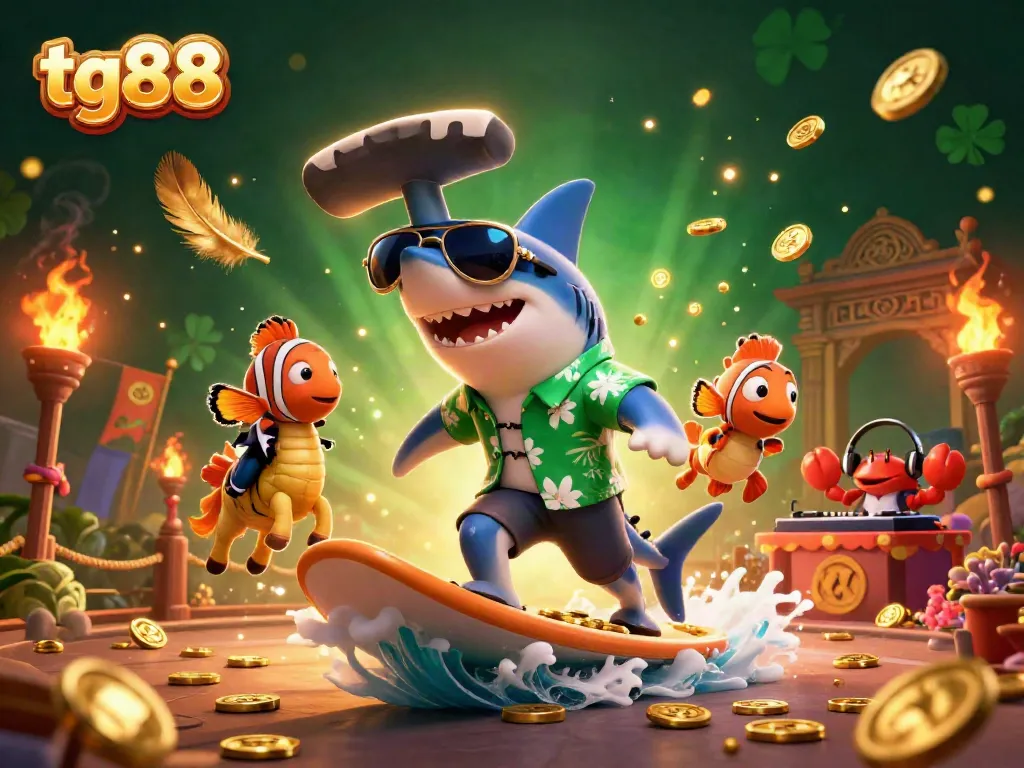 Engage in thrilling gaming action at tg88, featuring a dynamic casino scene with colorful characters and gold coins.