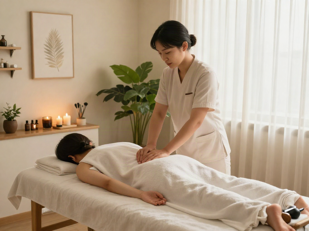 Relaxing 남양주출장마사지 scene with a therapist and soothing room atmosphere.