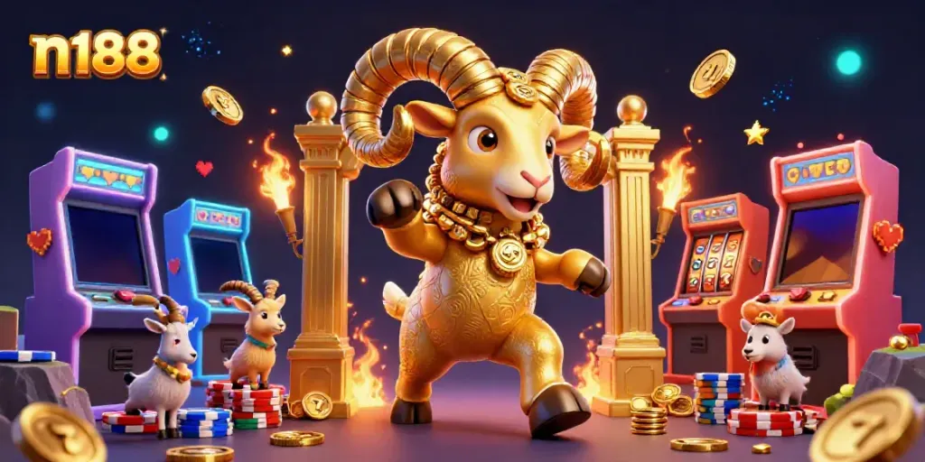 Experience thrilling gameplay with n188's vibrant 3D casino illustration showcasing fiery action and sparkling slots.