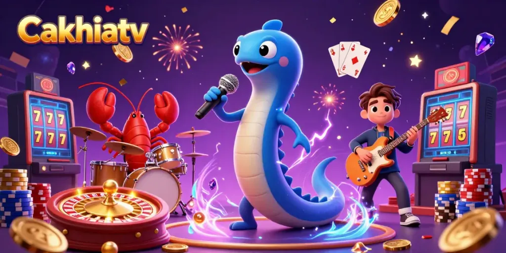 Cakhiatv showcases vibrant underwater casino scene with 3D characters, coins, and game elements.