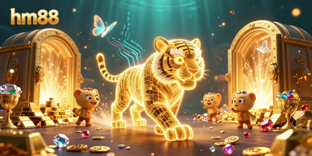 Experience the exciting digital casino world with a golden tiger and treasures at hm88.