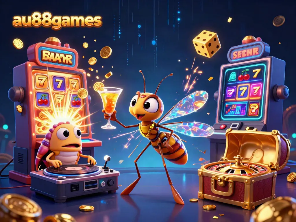 Engage with au88games in a vibrant casino scene showcasing a 3D frozen mosquito mascot and a trilobite DJ.