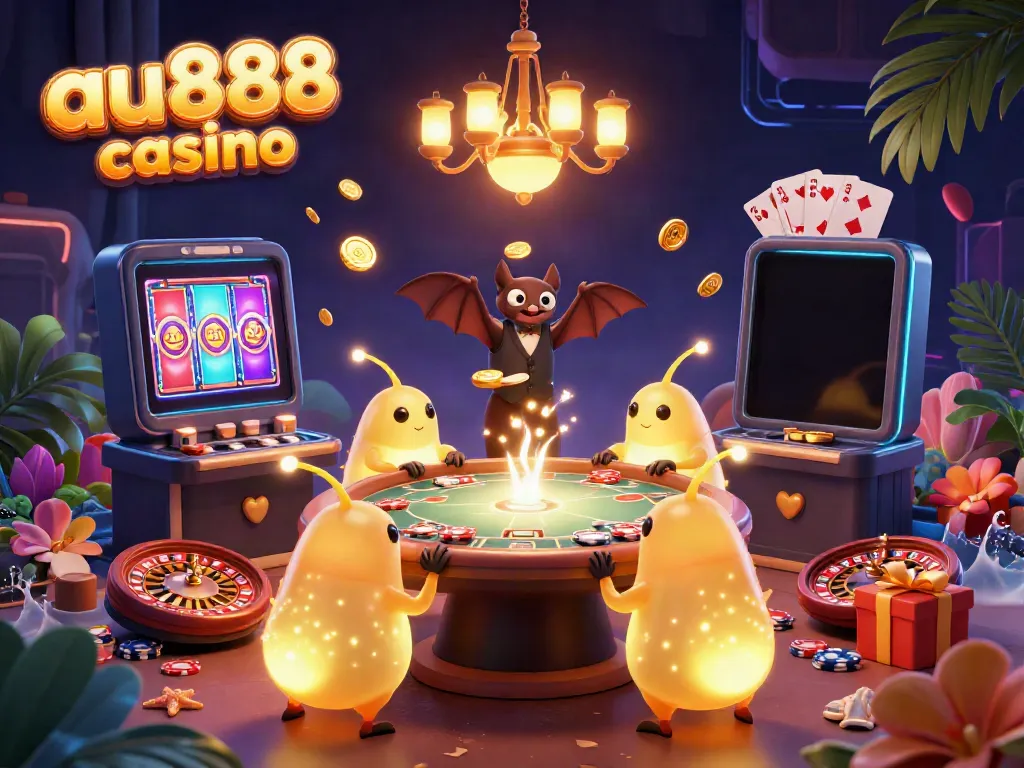Experience the excitement of au888 casino with glowworms illuminating a vibrant underground casino scene.
