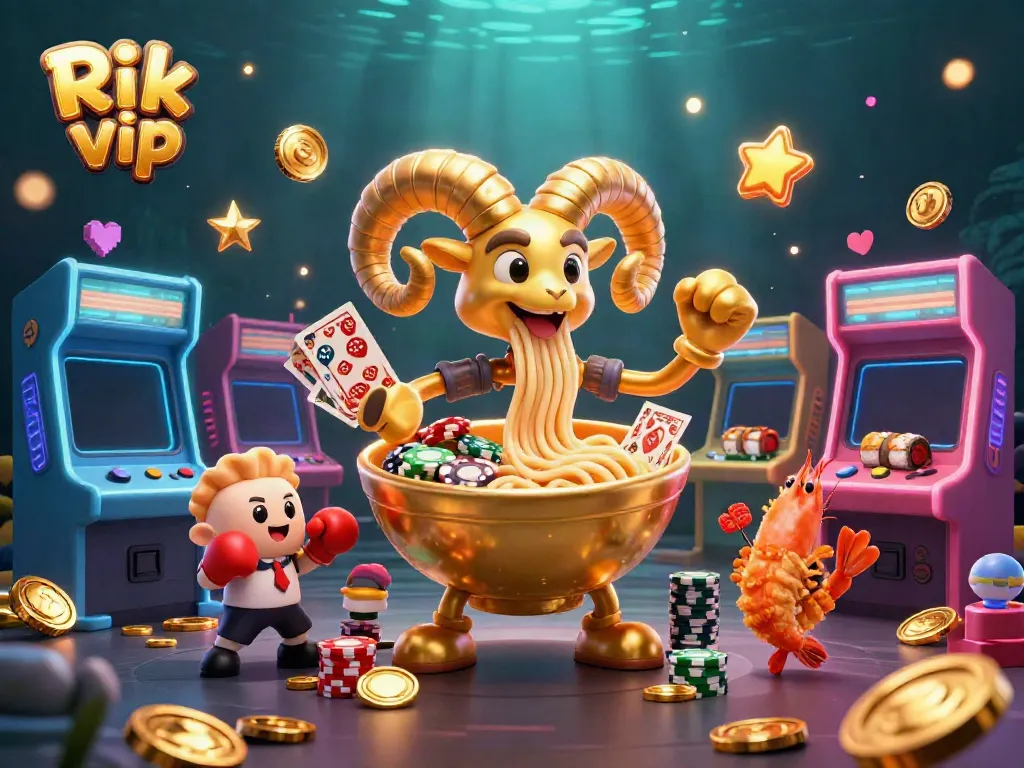 Experience the excitement of Rik vip with a colorful casino scene featuring a golden ramen bowl and playful game elements.