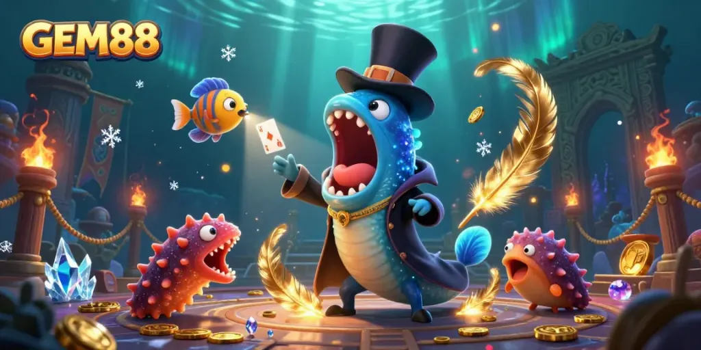 Experience the wonder of GEM88 with vibrant underwater characters showcasing gambling magic and excitement.