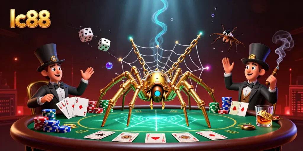 Engaging 3D illustration of the lc88 gaming fantasy featuring a golden spider and poker elements.