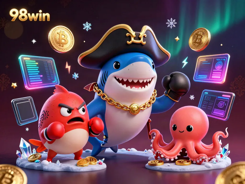 Win big at 98win with engaging characters in a vibrant casino setting filled with crypto coins.