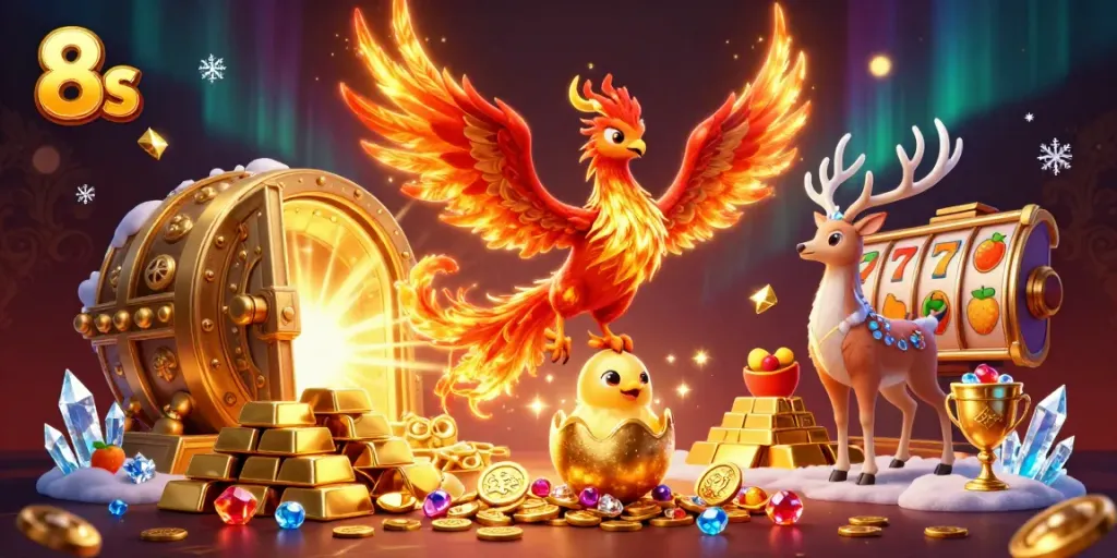 Experience thrilling gameplay with the majestic 8s phoenix surrounded by golden winnings.