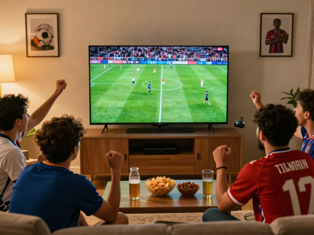 CakhiaTV viewers enjoying a thrilling football match together in a cozy living room.