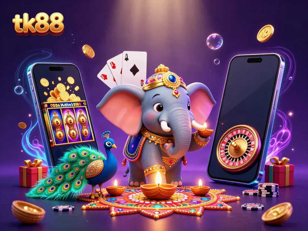 Experience thrilling slots and casino fun with tk88, showcasing rich Diwali-themed visuals and vibrant game elements.
