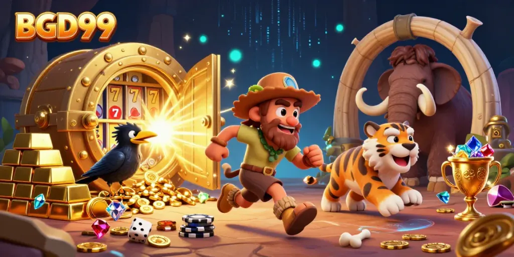 Experience thrilling gameplay at BGD99, a vibrant casino scene filled with 3D cartoon characters and sparkling treasures.