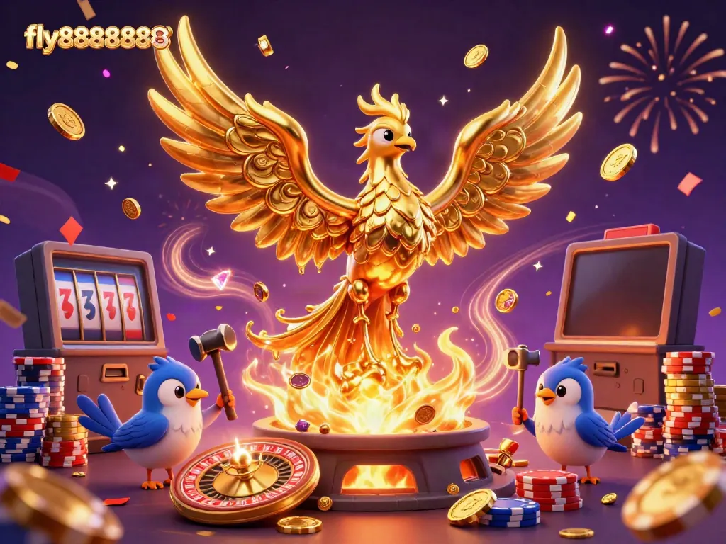 Experience the thrill of casino gaming with fly88888888, showcasing a golden phoenix and dynamic game elements.
