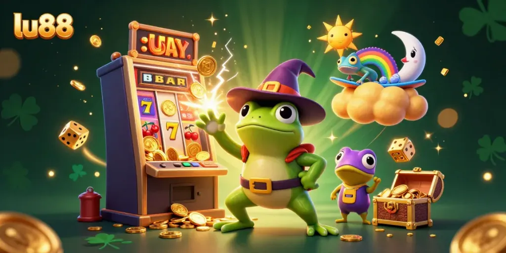 Join the vibrant action at lu88 with golden coins and casino thrills in a dazzling 3D illustration.