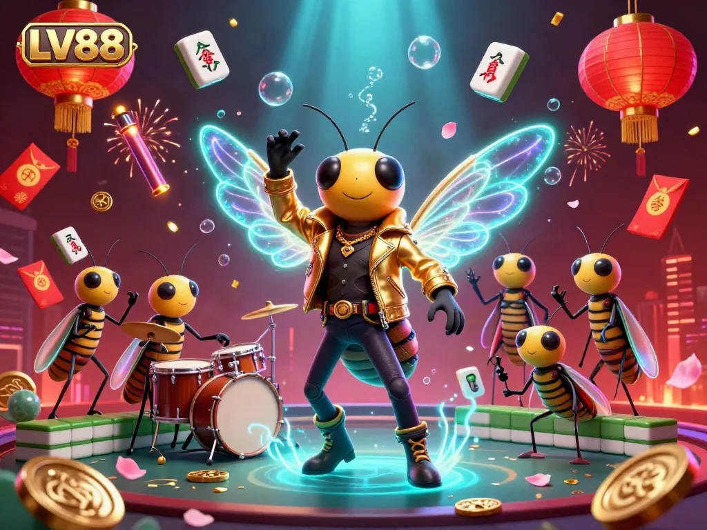 Experience the excitement of LV88 with a vibrant casino scene featuring a cicada rock star and game elements.