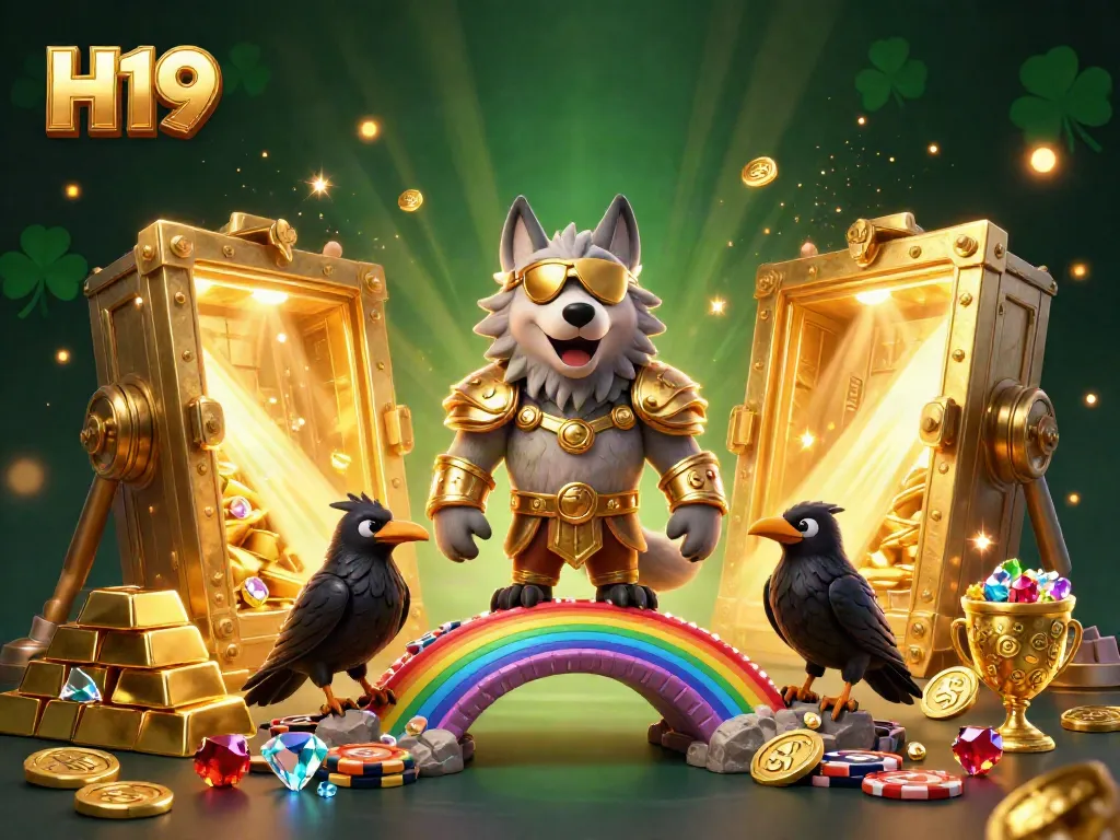 Engage with the H19 online casino featuring a radiant Norse mythology scene full of gaming treasures.
