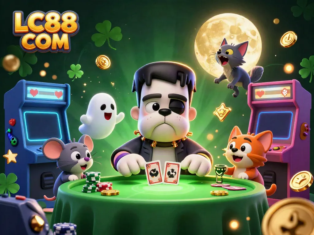 Experience the thrilling games at LC88 COM with a lively 3D casino illustration featuring a unique Frankenstein bulldog dealer.