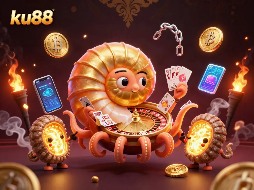 ku88 engages players with a vibrant casino-themed illustration of a giant nautilus roulette wheel.