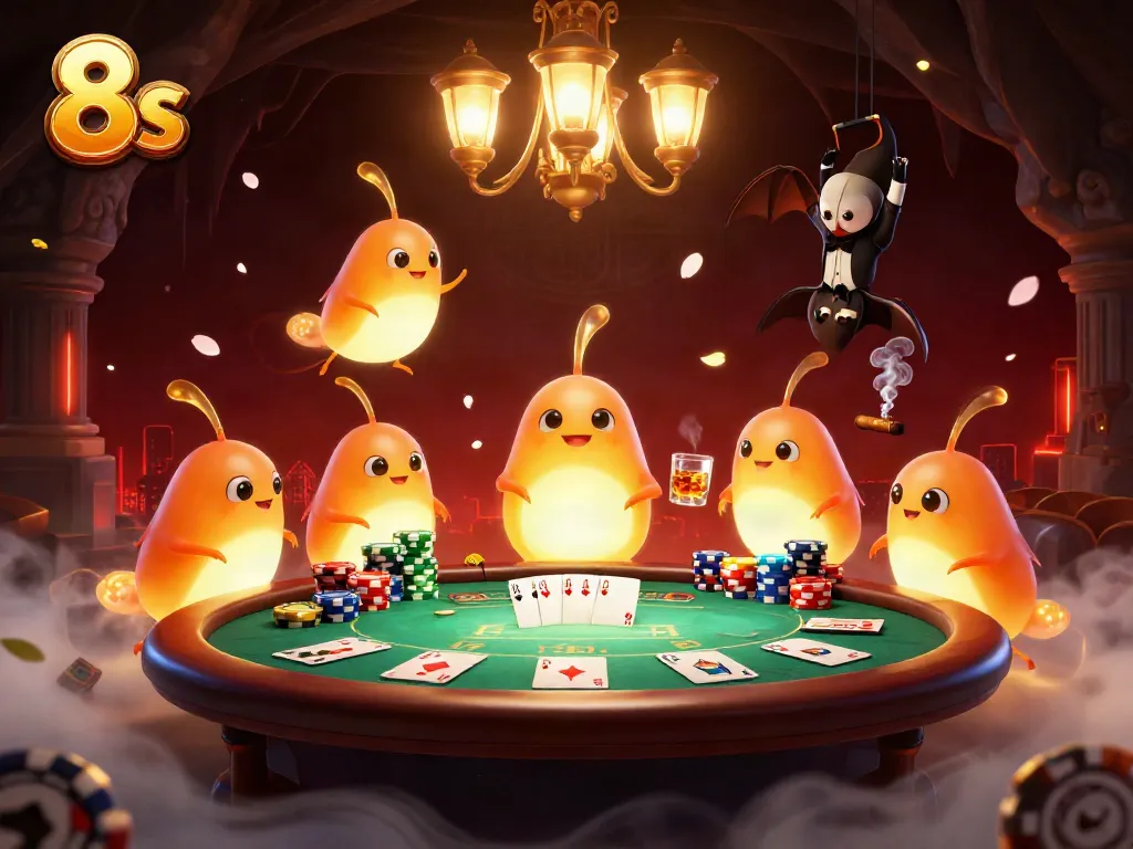 Engaging casino scene in 8s with glowworms illuminating a poker table and bat dealer adding excitement.