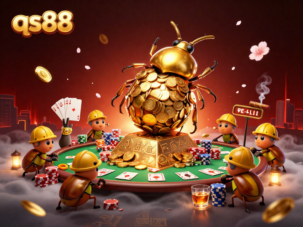 Experience the thrill of qs88 gaming with a vibrant scene of golden beetles and casino excitement.