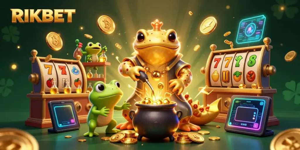 Experience thrilling adventures at RIKBET with a whimsical alchemical scene featuring gold coins and vibrant slot symbols.
