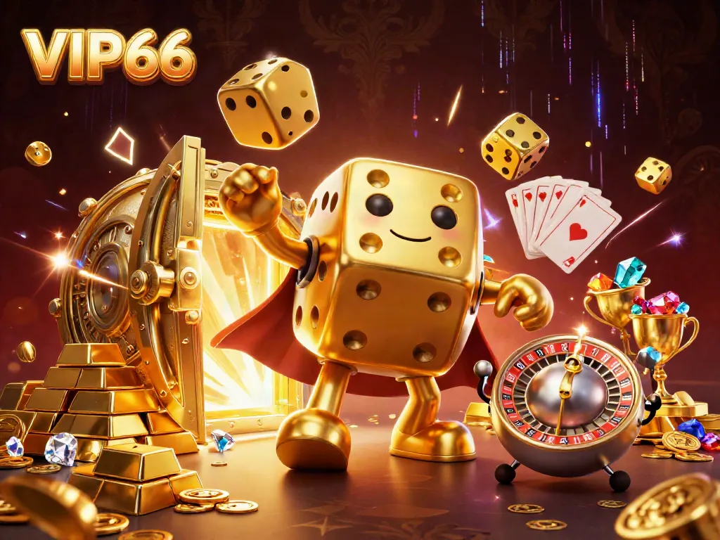 Engage with VIP66's thrilling gaming adventure featuring a dynamic golden dice golem and jewels.