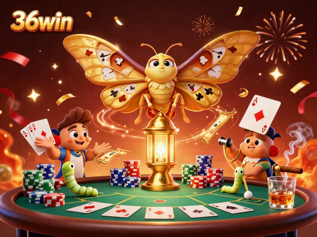 Experience the vibrant world of 36win casino, showcasing a golden atlas moth amidst rich poker gameplay.