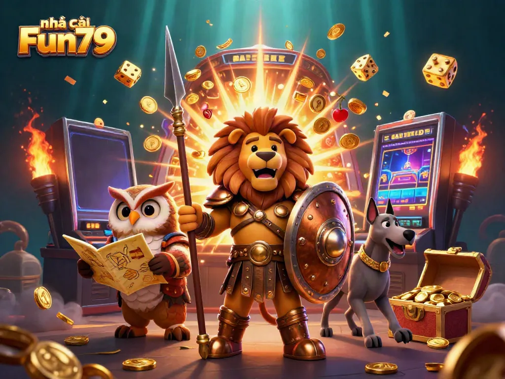 Experience the excitement of nhà cái Fun79 with a dynamic 3D illustration of gaming adventure.