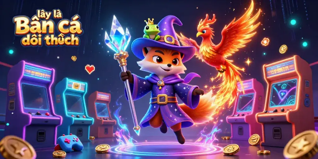 Engage in lại là Bắn cá đổi thưởng with a mystical scene of characters and arcade elements.