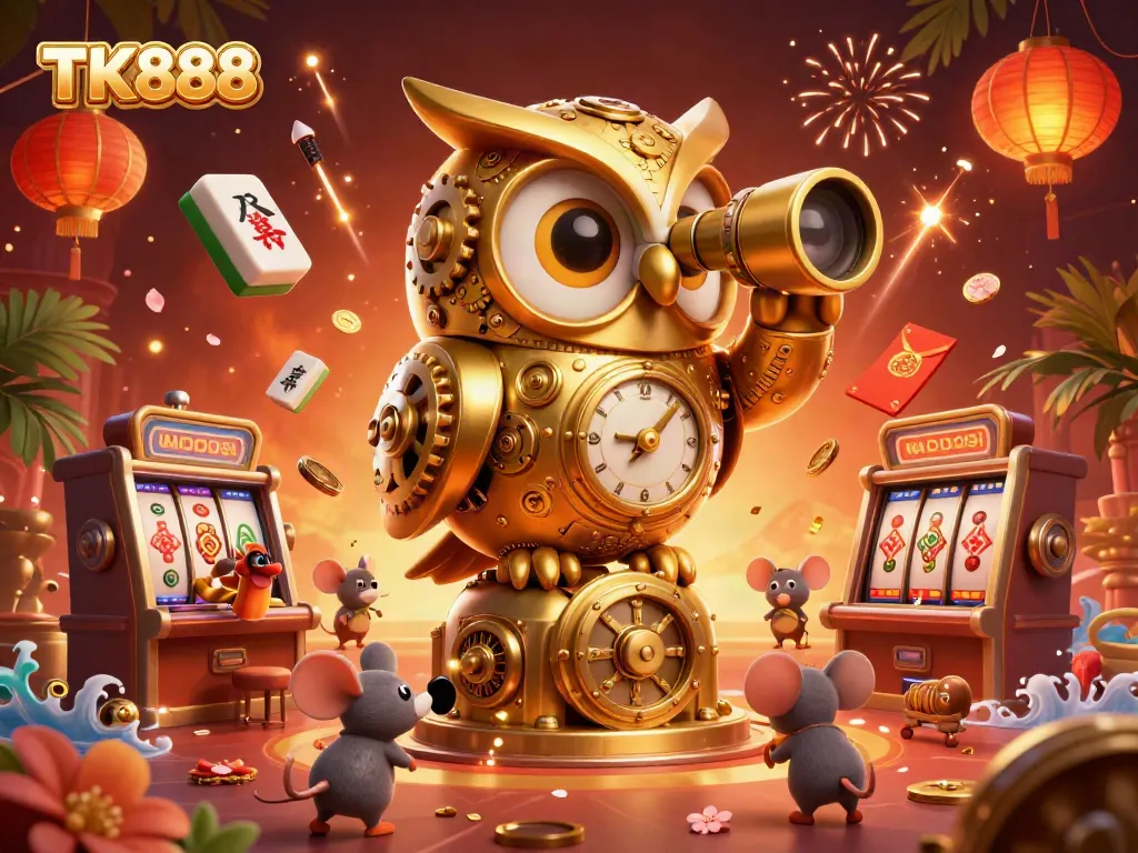 Engage with thrilling games at TK888 where 3D cartoon characters interact amidst a vibrant casino atmosphere.