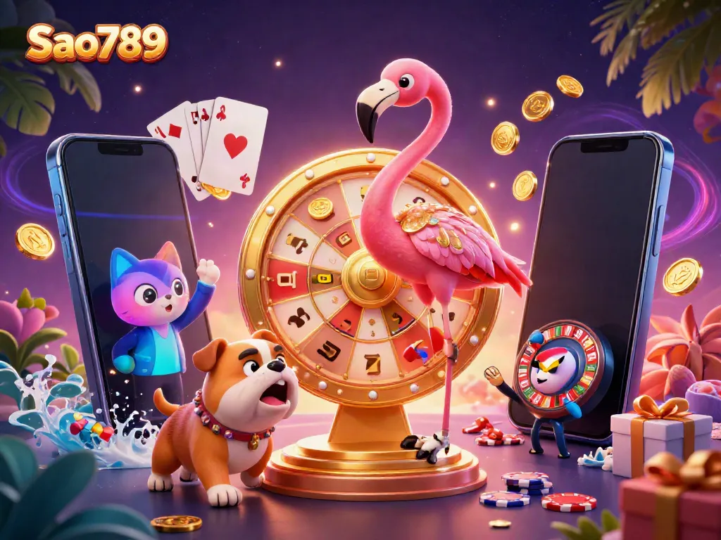 Sao789 features vibrant 3D characters and a prize wheel in an exciting casino atmosphere.