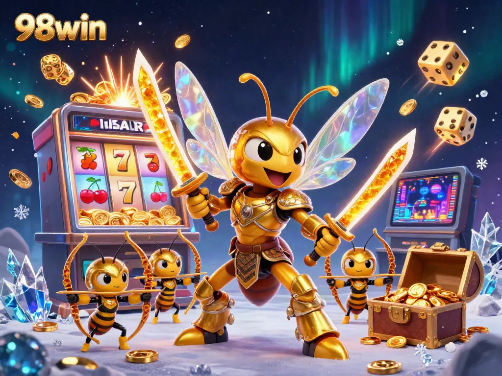 Engage with the vibrant 98win 3D casino scene featuring a golden hornet in samurai armor and dynamic slot machine elements.