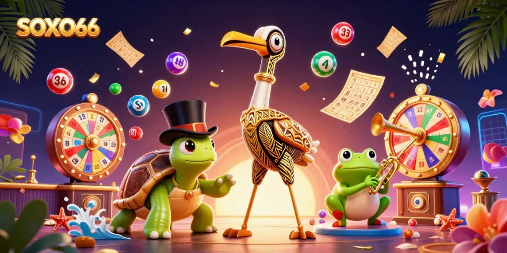 Experience dynamic gaming with SOXO66 in a vibrant 3D carnival scene full of colorful lottery elements.