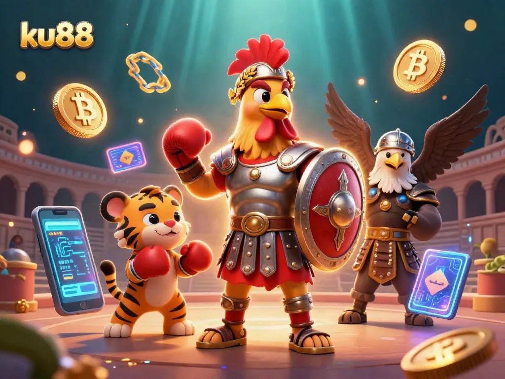 Engage with ku88's dynamic betting scene featuring gladiator rooster and crypto symbols.