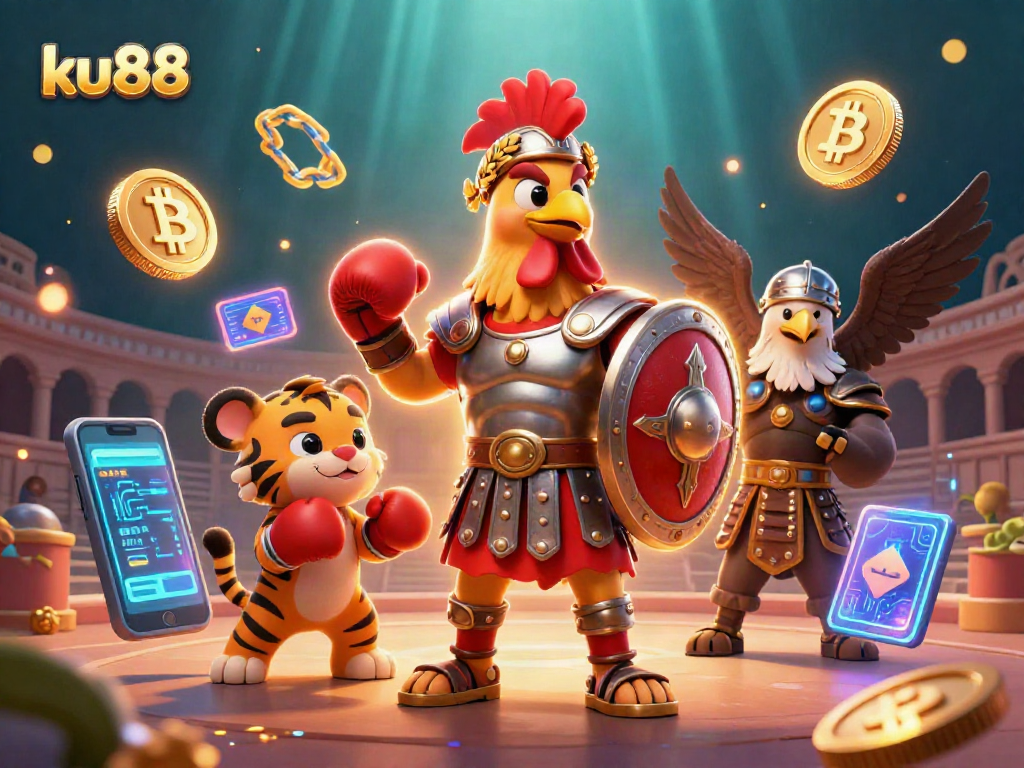 Engage with ku88's dynamic betting scene featuring gladiator rooster and crypto symbols.