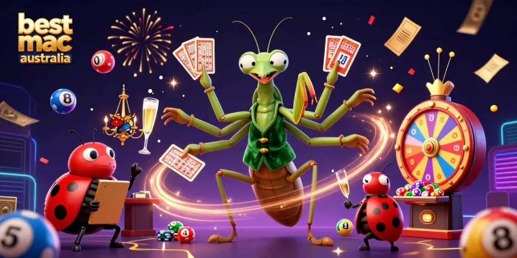 Experience the best mac casino Australia with luck and excitement swirling around in this vibrant animated scene.
