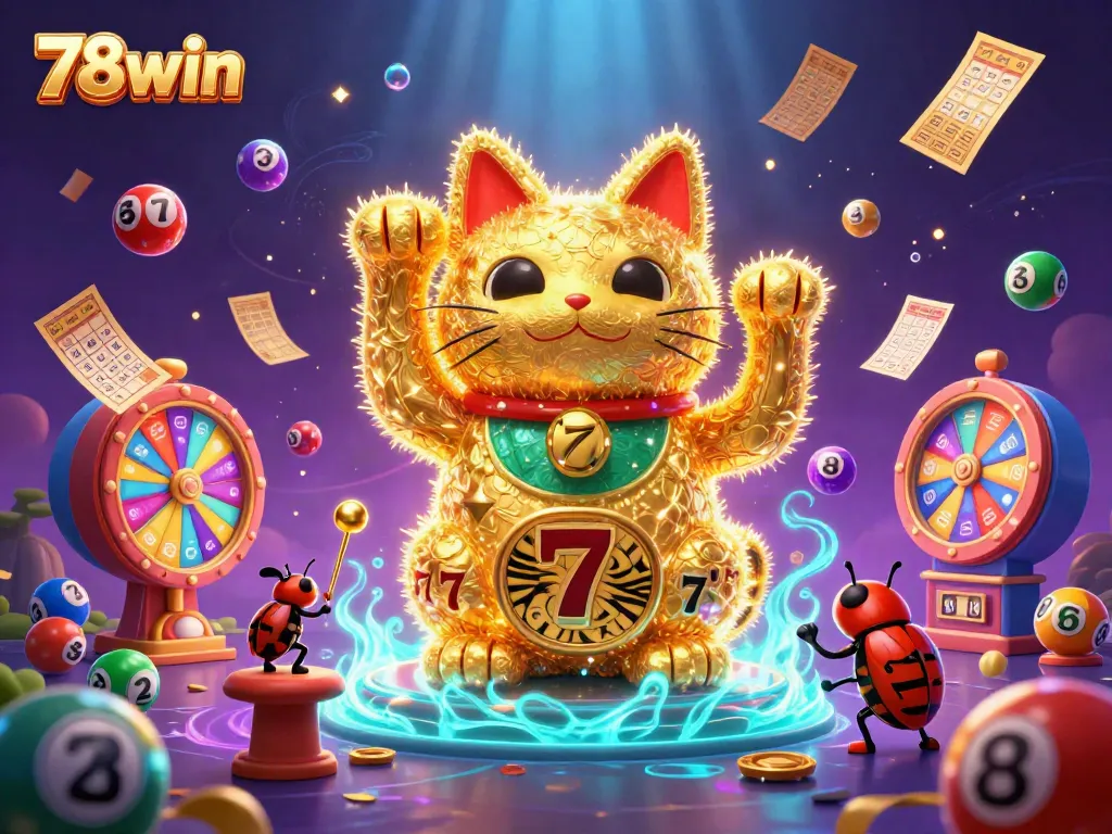 Experience the excitement of 78win with a vibrant lucky cat surrounded by lively casino elements.