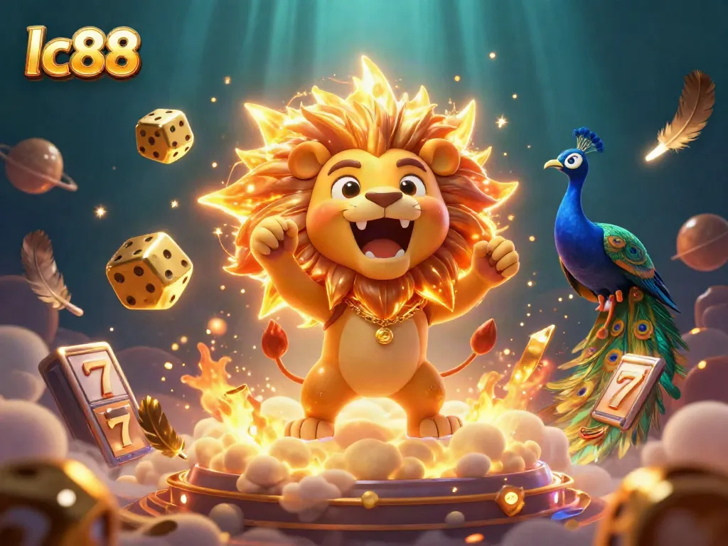 Spin the reels at lc88 with a vibrant casino scene featuring a roaring sun lion and golden dice.