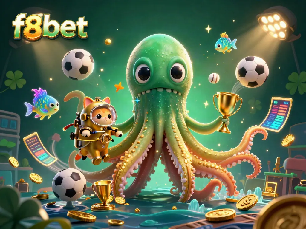 Experience thrilling gaming encounters with f8bet featuring a colossal kraken and diving cat amidst dynamic sports elements.